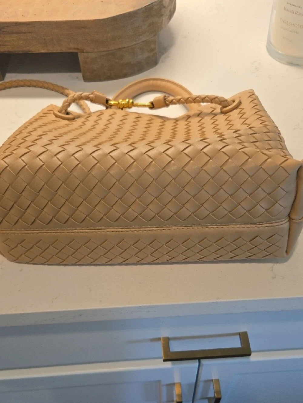 Woven Beige Leather Tote Bag with Braided Strap